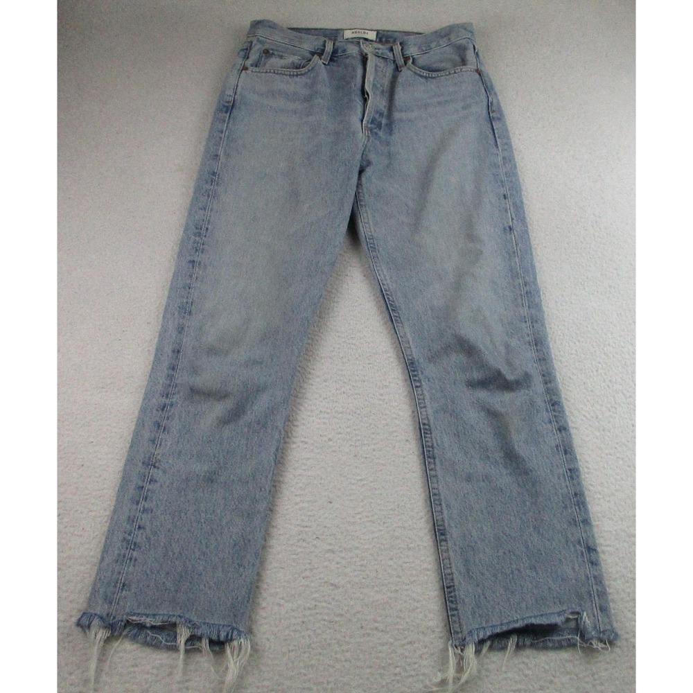 AGOLDE Jeans Womens 27 Light Blue Riley Crop High Rise Raw Hem USA Button Fly